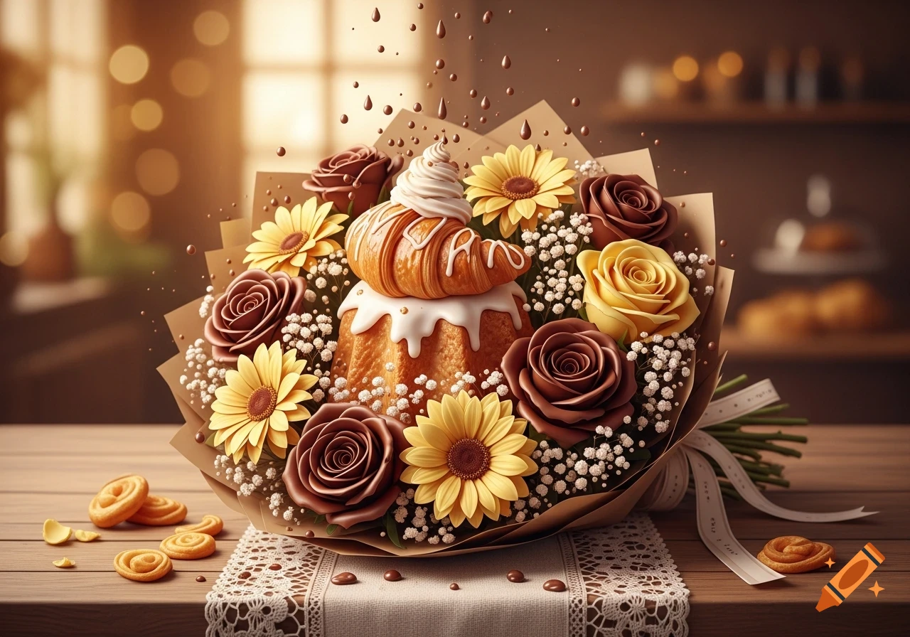 A decorative bouquet featuring chocolate roses, yellow daisies, and baby's breath, centered around a croissant and a small cake, with chocolate drips falling around it. The bouquet is wrapped in brown paper and rests on a wooden table with cookies.