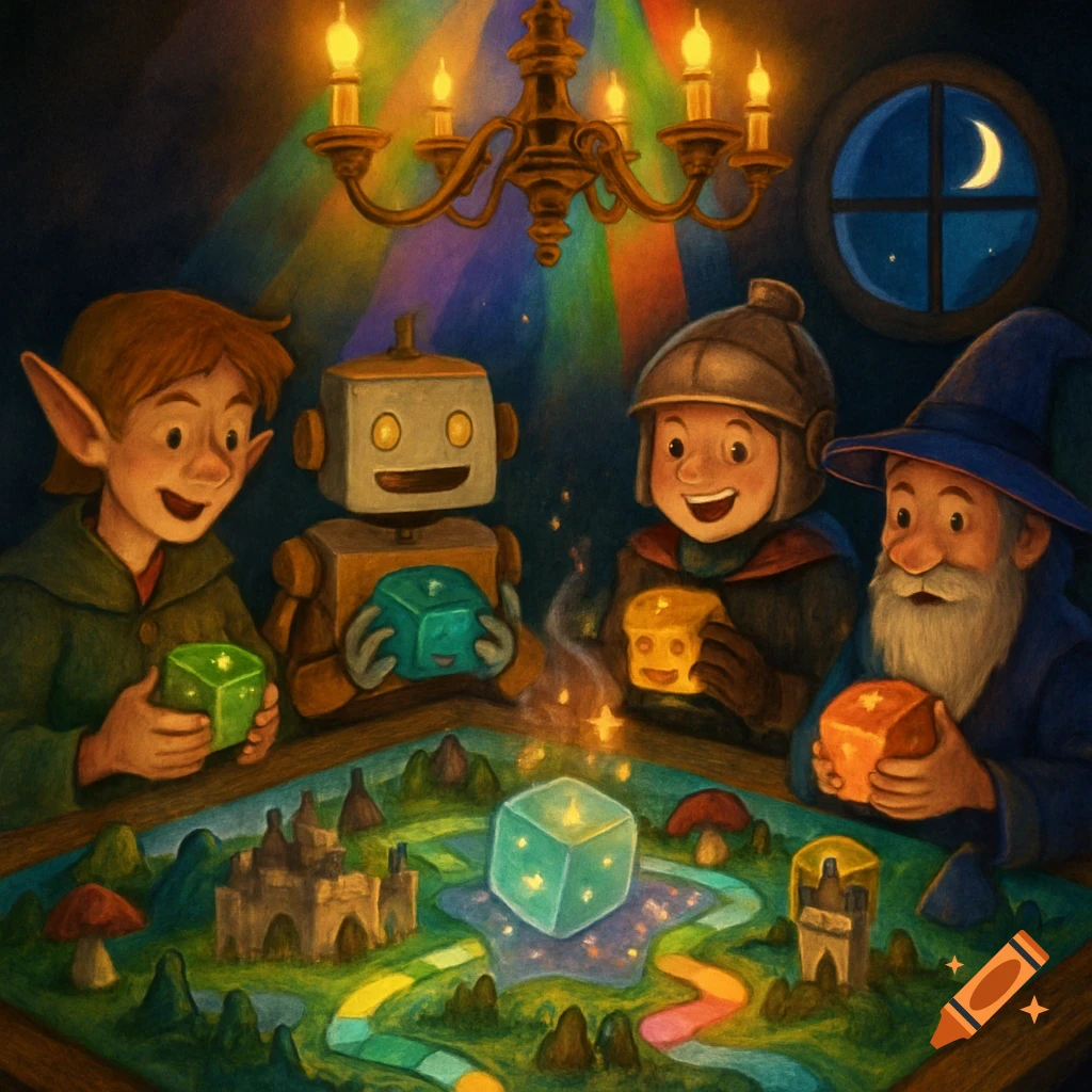 A colorful illustration of an elf, a robot, a knight, and a wizard playing a glowing fantasy board game under a chandelier.