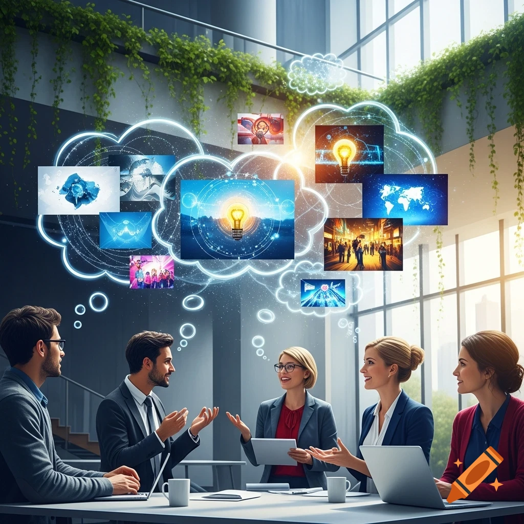 Business professionals meet in a modern office, surrounded by glowing thought bubbles filled with digital ideas and concepts.