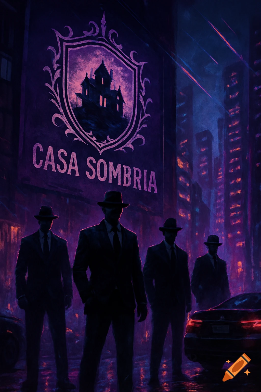 Silhouetted men in suits and fedoras on a neon-lit city street at night, beneath a 'CASA SOMBRIA' banner with a haunted house crest. Dark digital art.