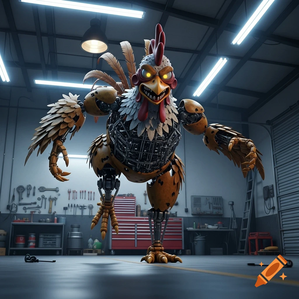 A menacing 10-foot tall animatronic chicken with glowing eyes stands in a detailed garage workshop, appearing to chase the camera.