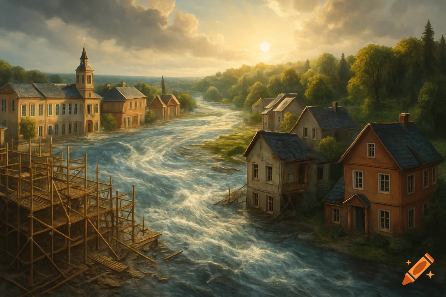 Painterly view of a village with houses partially submerged by a wide, overflowing river at sunset, with scaffolding on the left.