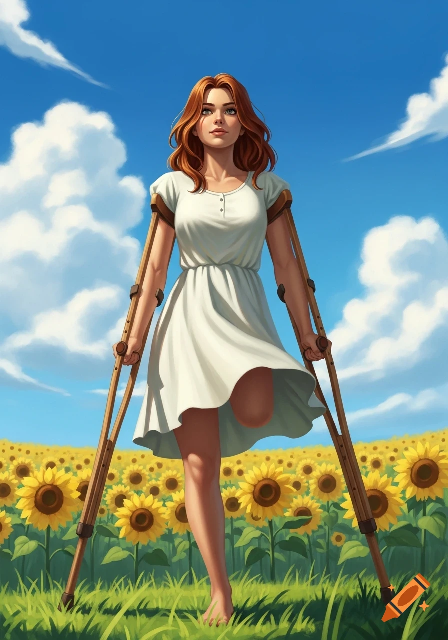 An illustrated image of a red-haired woman with one leg, using crutches, walking through a vibrant sunflower field under a blue sky.
