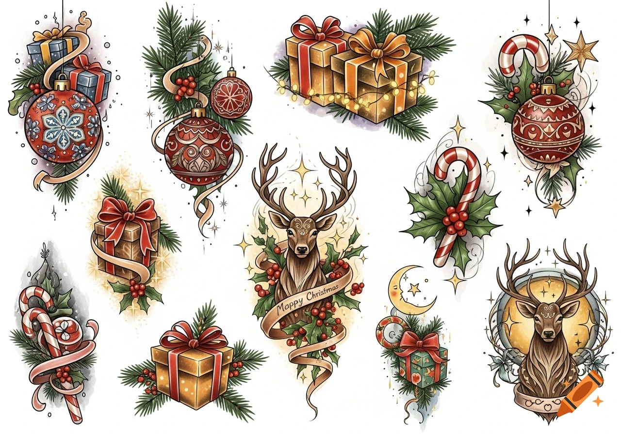 Collection of watercolor-style Christmas tattoo designs, including ornaments, gift boxes, candy canes, and deer illustrations.