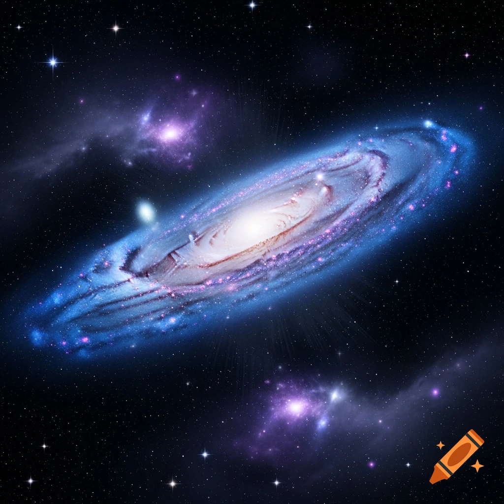 A vibrant blue and purple spiral galaxy with countless stars and cosmic dust against a dark, starry deep space background.