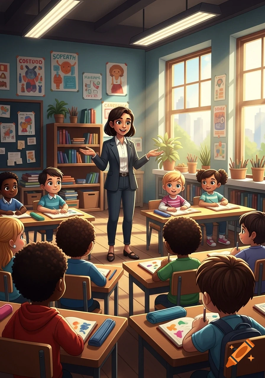 A diverse group of elementary school children sitting at desks in a classroom, listening to their smiling teacher.