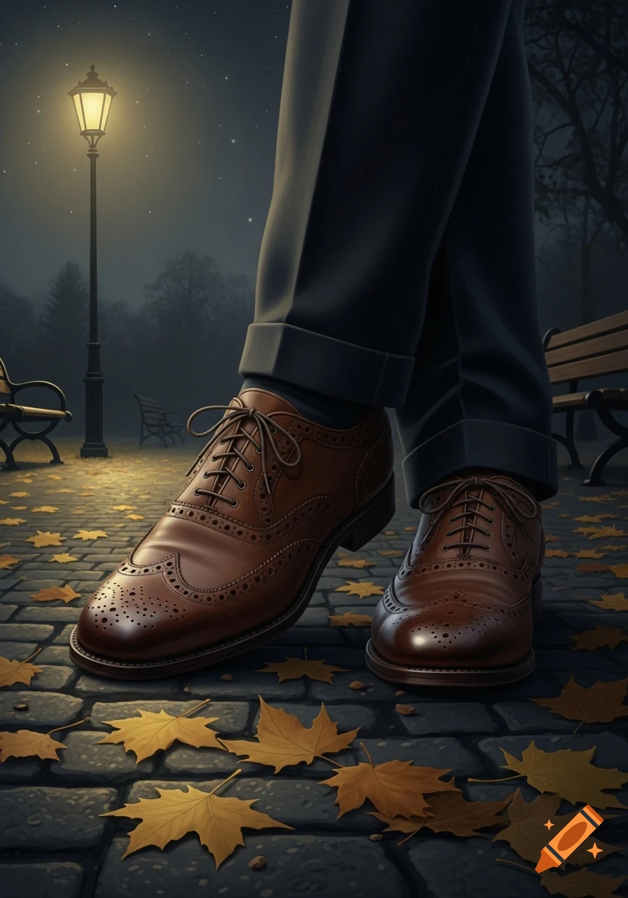 Person's feet in brown brogue shoes on a leaf-strewn cobblestone path in a dimly lit park at night, with a lamppost.