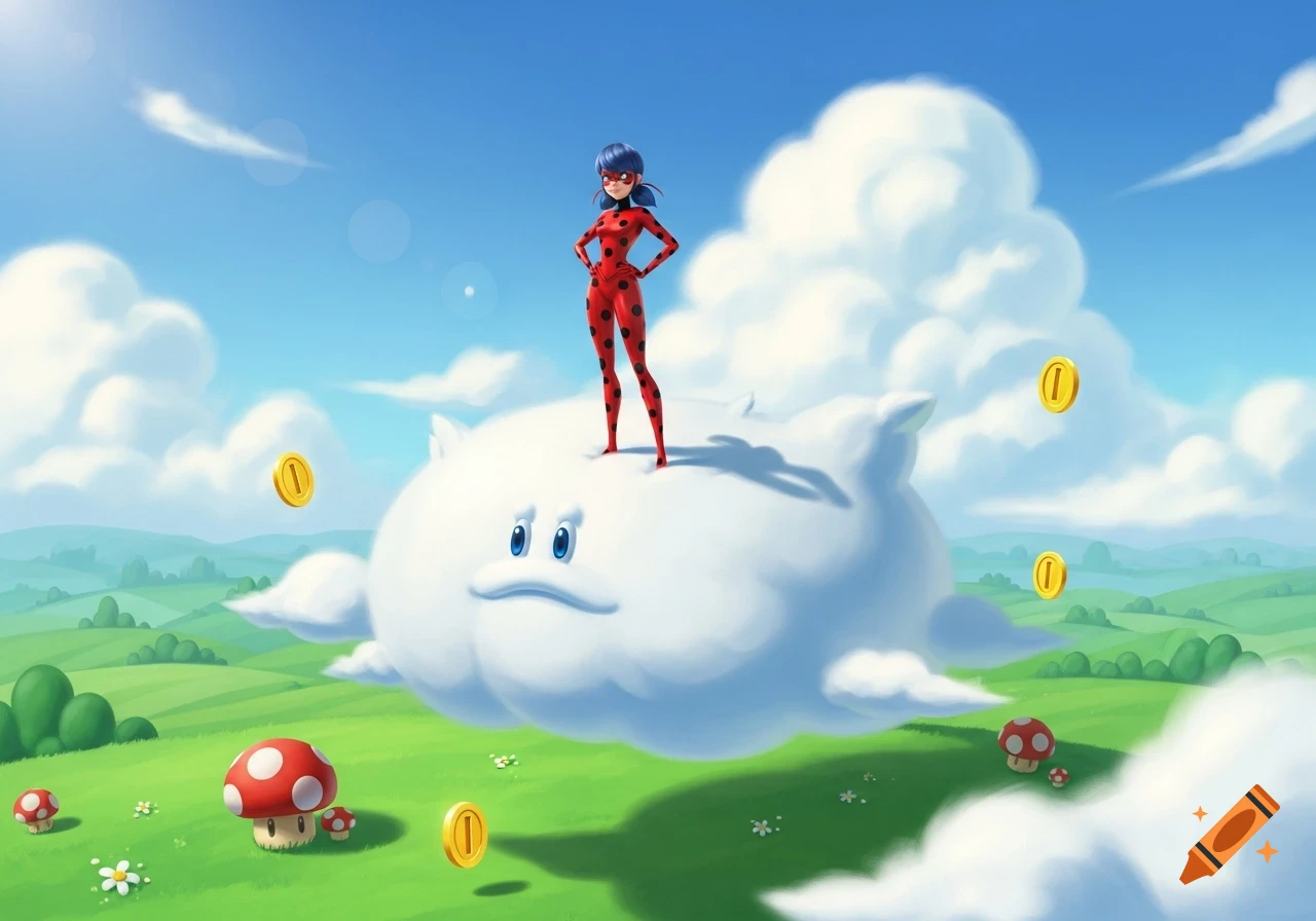 Ladybug stands on a large, friendly white cloud creature in a bright, cartoonish green Mario-style landscape with mushrooms and floating gold coins under a blue sky.
