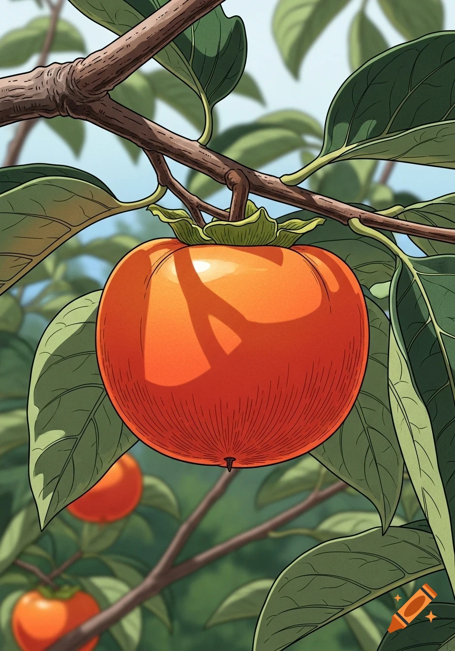 A close-up woodblock print of a ripe orange persimmon hanging from a branch, with green leaves and sunlight.