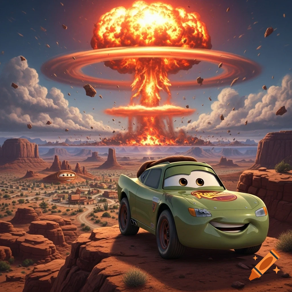 A green cartoon car character on a rocky cliff overlooking a desert town, with a large nuclear explosion mushroom cloud in the background.