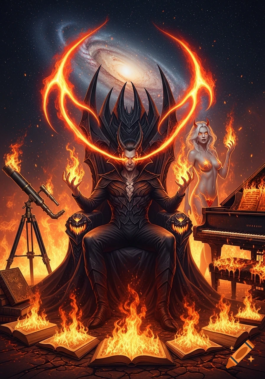Lucifer on a fiery throne with glowing eyes, surrounded by flames, a she-devil, a telescope, and a piano under a cosmic sky.