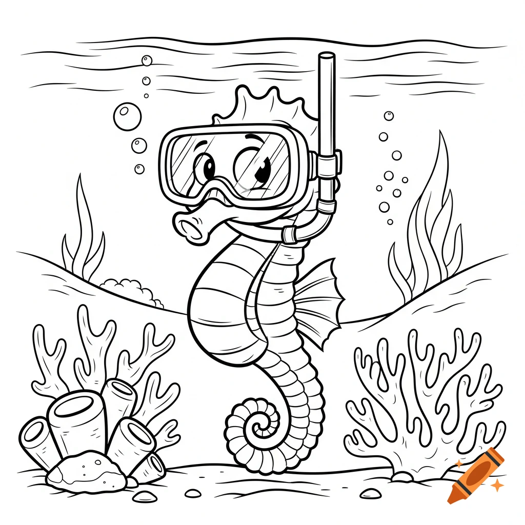 Black and white cartoon seahorse wearing a diving mask and snorkel underwater, surrounded by coral and seaweed.