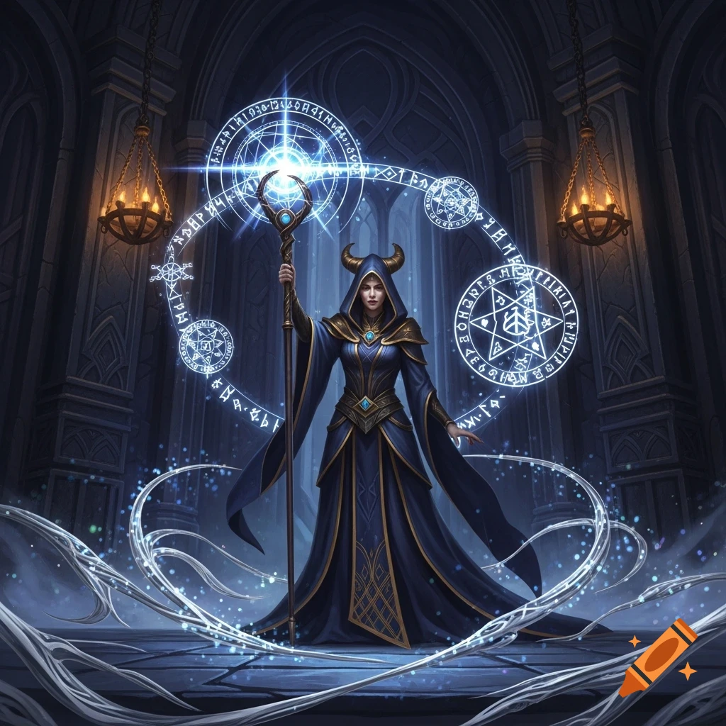 A hooded sorceress with horns in a blue and gold robe holds a glowing staff amidst magical runes and light in a dark, ornate hall.