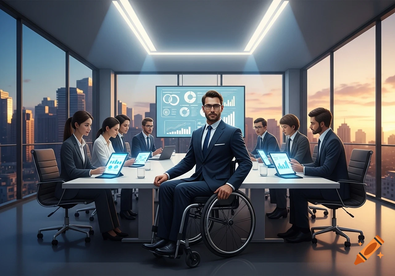 A man in a wheelchair leads a business meeting in a modern conference room with a city skyline view.