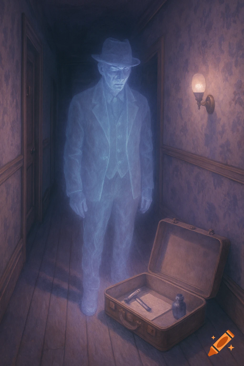 A translucent blue ghostly man stands in a dimly lit, old hotel hallway, looking at an open suitcase containing a razor and bottle.