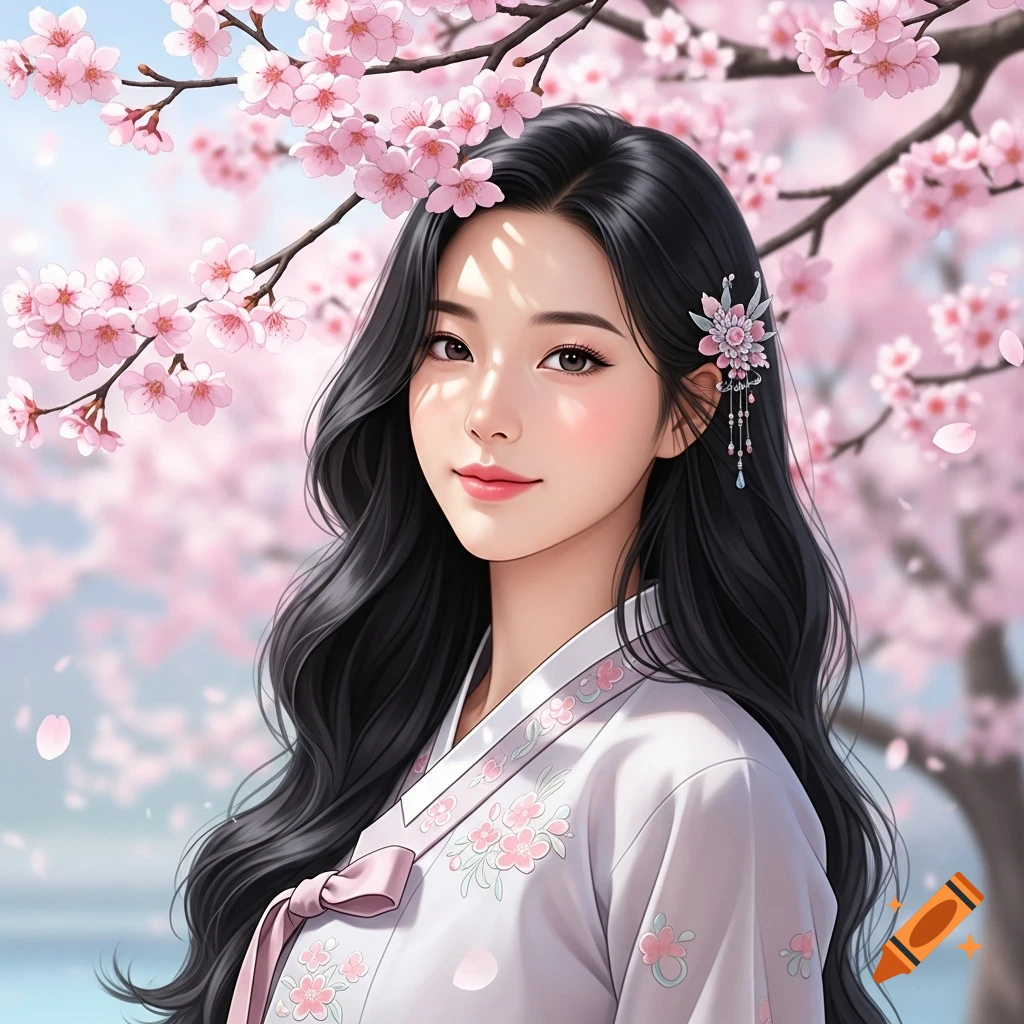 Digital art of a smiling Korean woman in a hanbok, with long black hair, adorned with a floral pin, standing under pink cherry blossoms.
