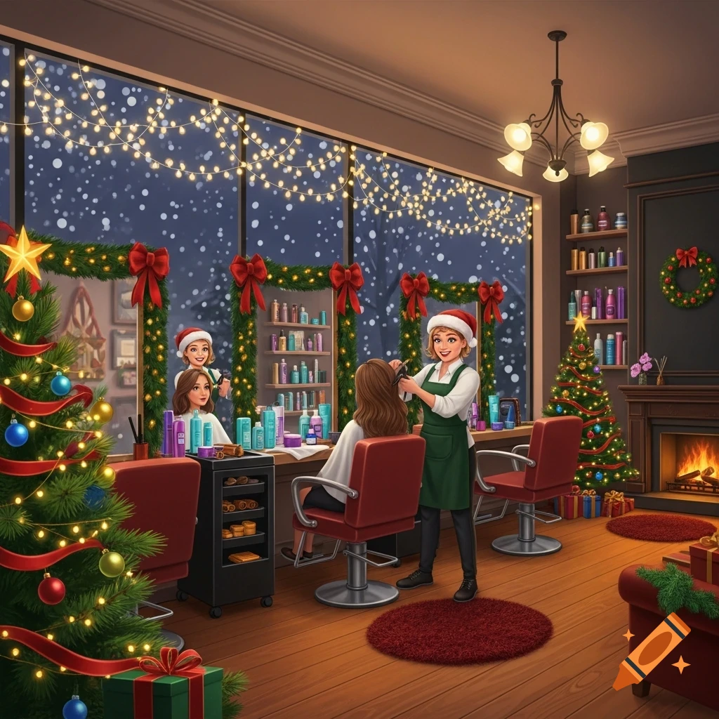 Stylized illustration of a hair salon decorated for Christmas, with a hairdresser styling a client's hair.