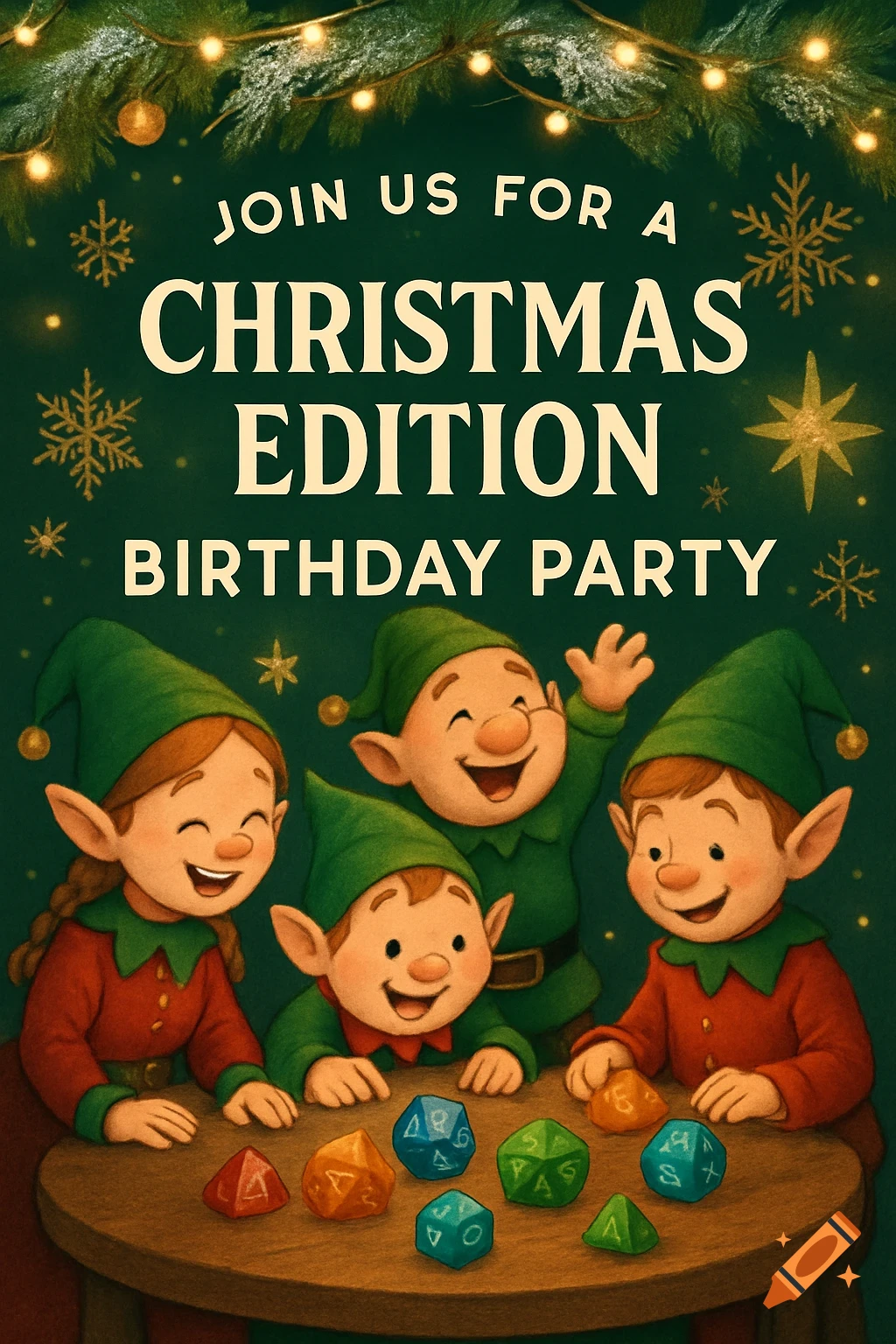 A Christmas invitation card featuring four happy elves sitting around a table with colorful dice, under a garland of lights.