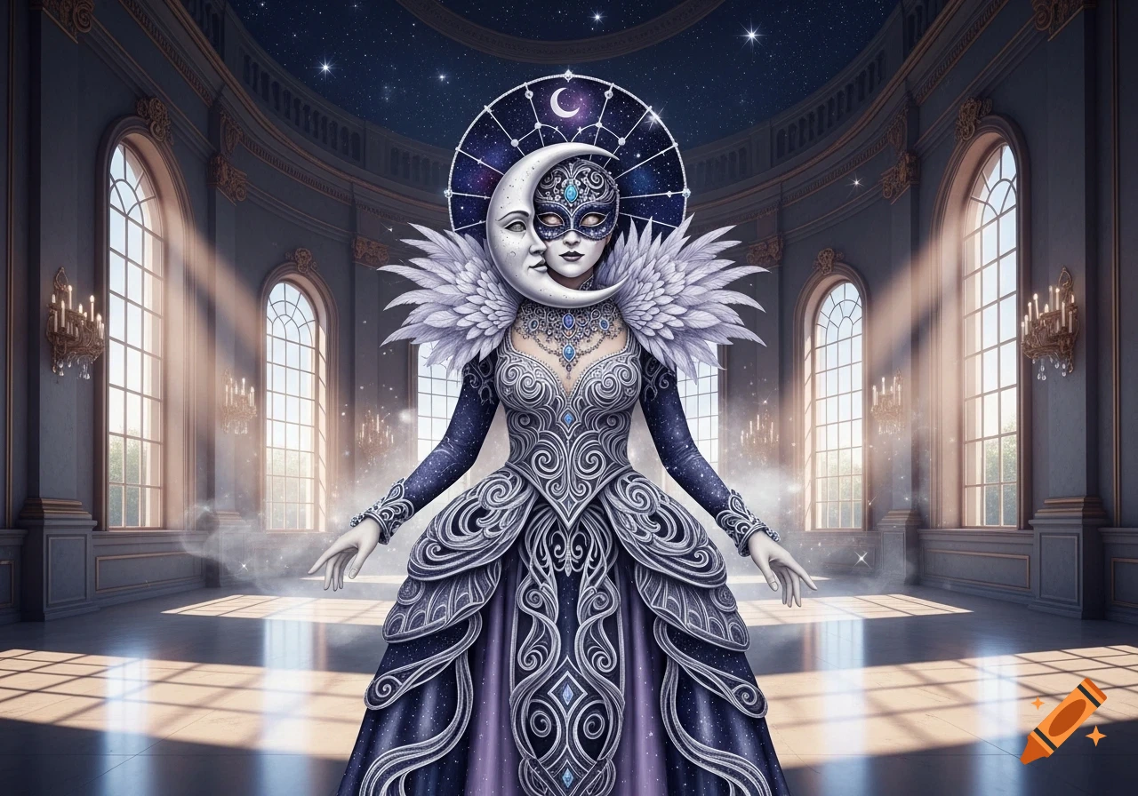 A regal figure in an elaborate silver and blue moon costume with a feathered collar and mask stands in a grand ballroom under a starry ceiling.