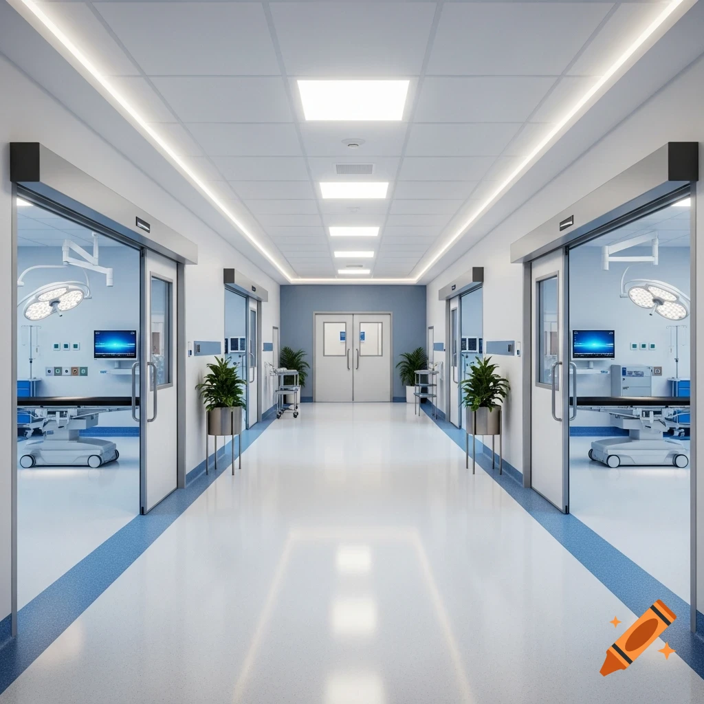 A long, brightly lit hospital corridor with multiple operating rooms visible through glass doors on either side, featuring medical equipment and a clean, modern design.