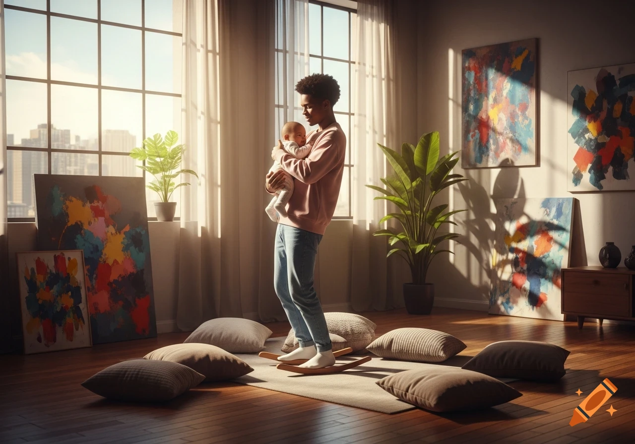 A photorealistic image of a man gently rocking an infant in a sunny, art-filled apartment.