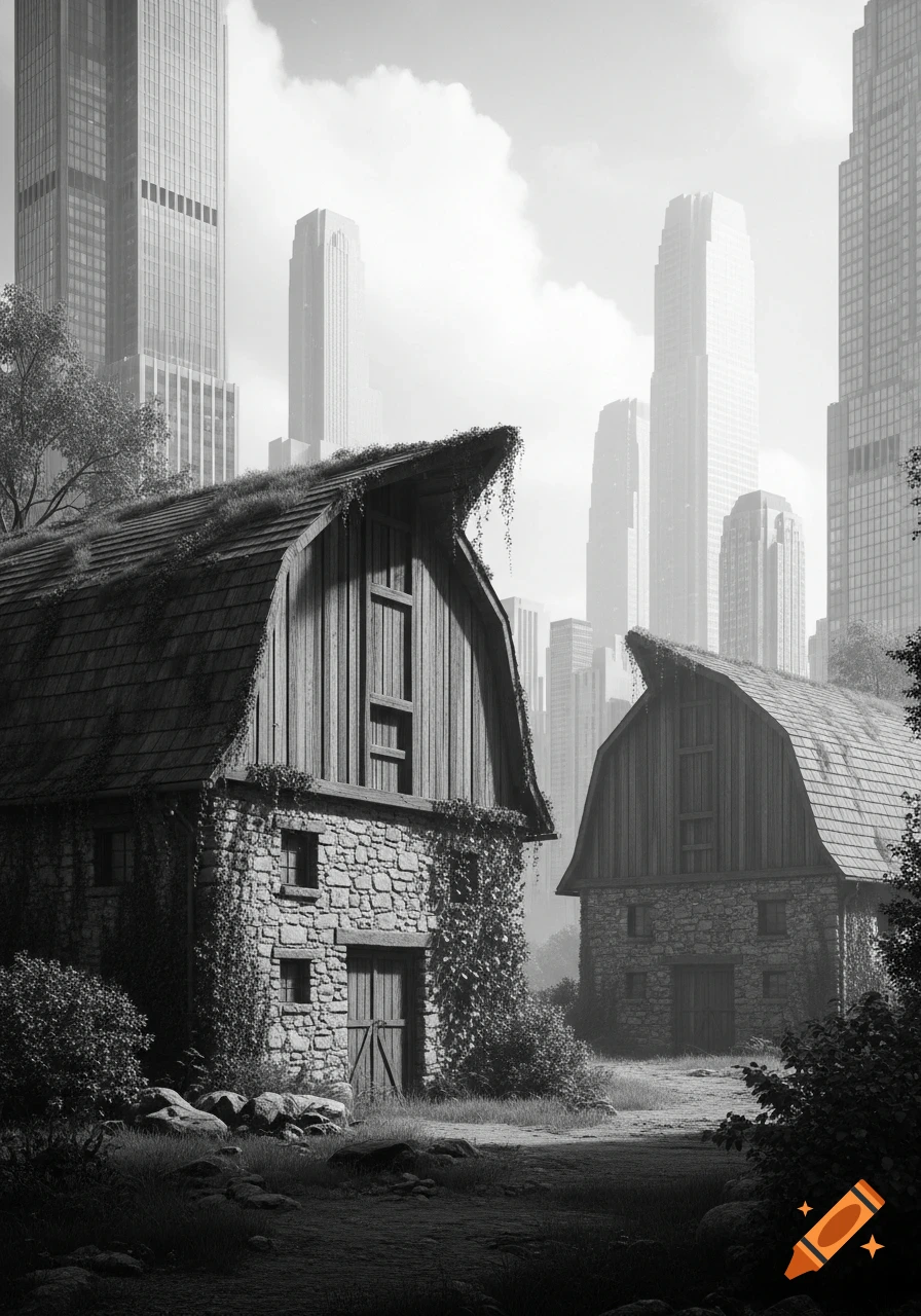 Monochromatic photo of two nature-stylized barnhouses with stone walls and grass roofs, set against a backdrop of modern city skyscrapers.