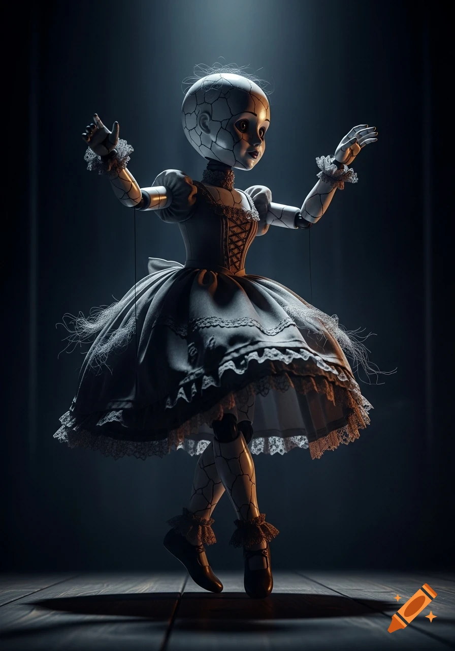 A cracked porcelain doll puppet in a dark ruffled dress dances under dramatic spotlight in a cinematic style.