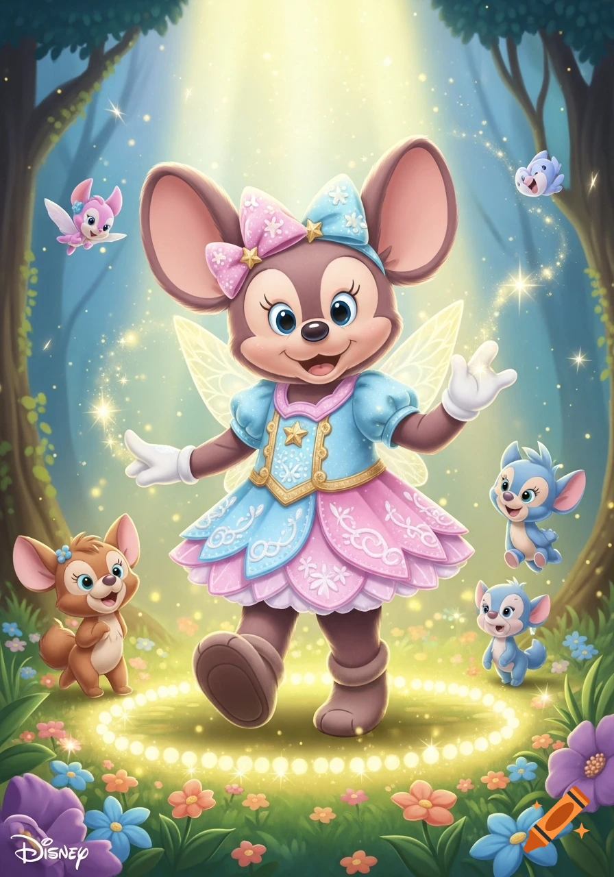 A cute brown mouse fairy character, resembling Minnie Mouse, smiles in a magical forest, surrounded by glowing light and small fairy creatures.