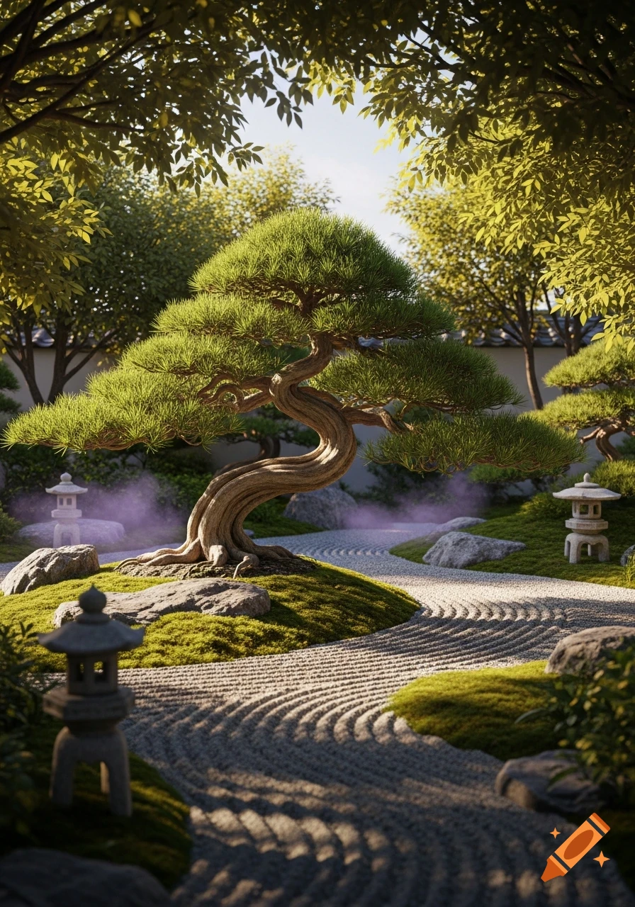 A tranquil Japanese rock garden with a large, twisted bonsai tree, raked gravel paths, mossy mounds, and stone lanterns.