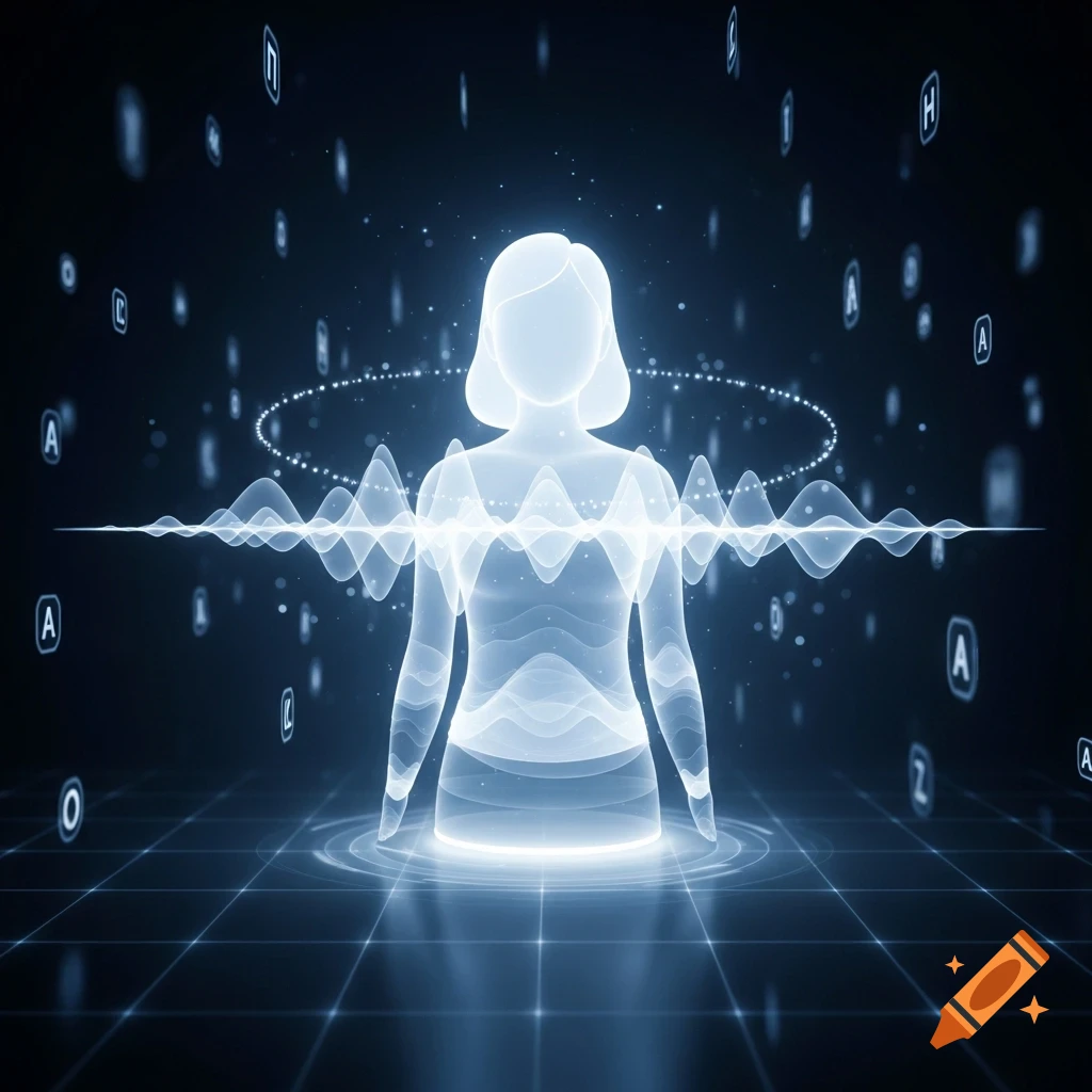 A glowing, translucent blue-white silhouette of a human torso and head, surrounded by digital sound waves, light particles, and floating letters on a dark grid background, evoking AI or data visualization.
