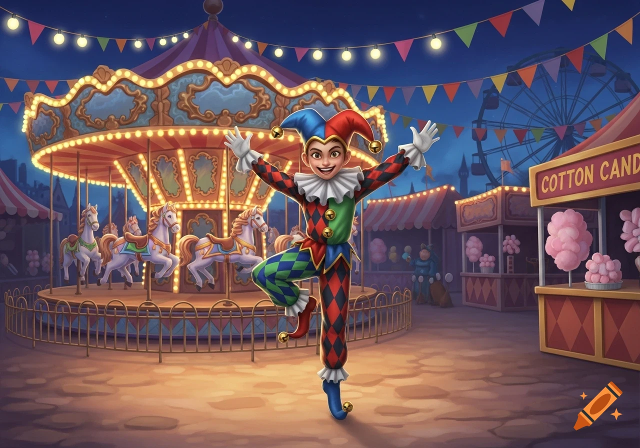 A cheerful jester in a colorful harlequin costume dances at a nighttime carnival, with a lit-up carousel, cotton candy stand, and Ferris wheel in the background.