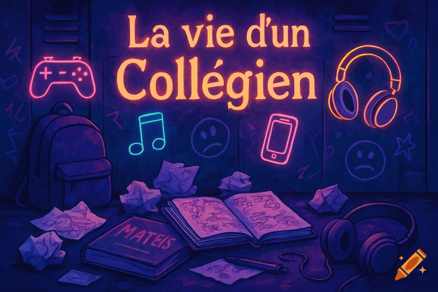 Dark, neon-lit illustration: 'La vie d'un Collégien' sign, backpack, open books, crumpled paper, game controller, headphones, phone.