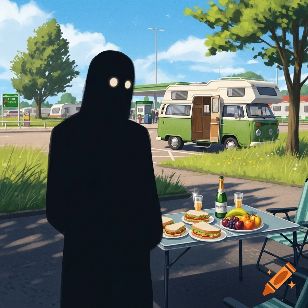 A dark silhouette with glowing eyes watches a green camper van at a sunny roadside rest stop with a picnic table of food. Illustration.