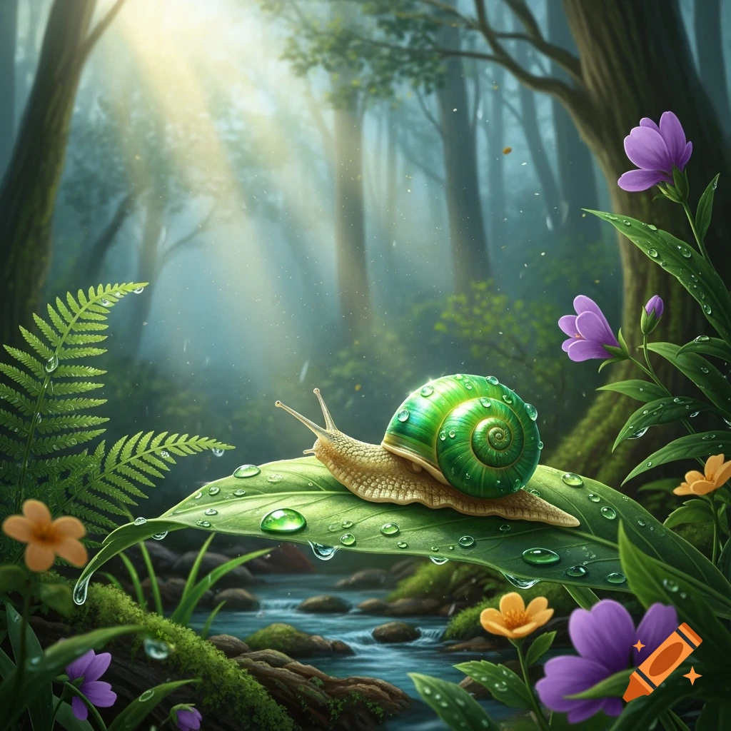 A vibrant green snail with water droplets on its shell crawls on a dew ...