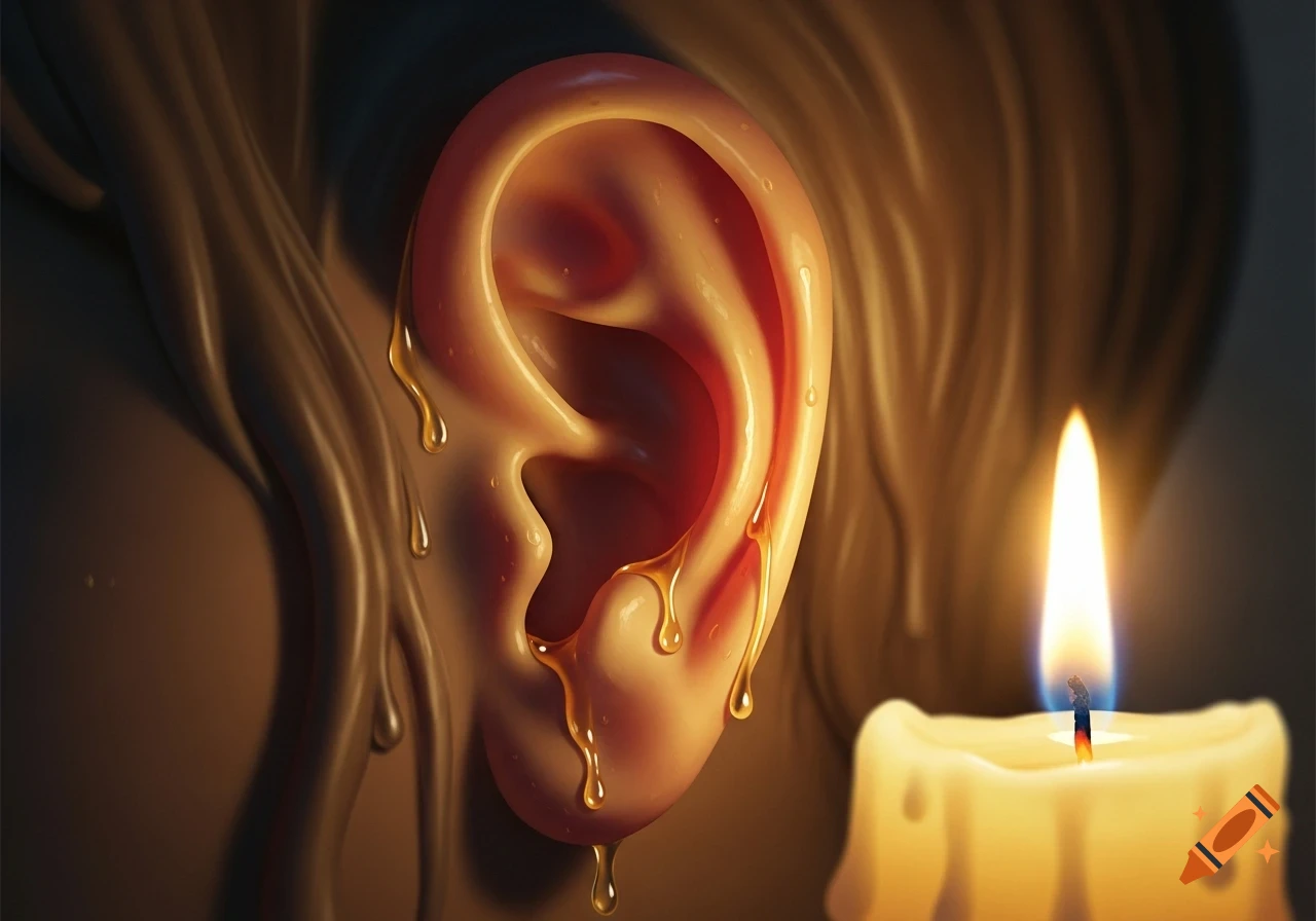 A surreal image of a human ear covered in dripping wax or honey next to a glowing lit candle.