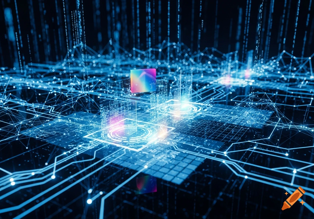 An abstract digital landscape with glowing blue lines, data streams of binary code, and colorful holographic squares symbolizing a cyber network.