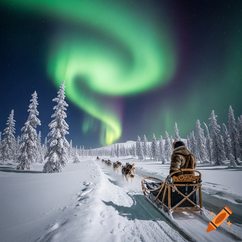 A person sits on a dog sled pulled by a team of huskies through a snowy landscape under vibrant green Northern Lights at night. Photorealistic.