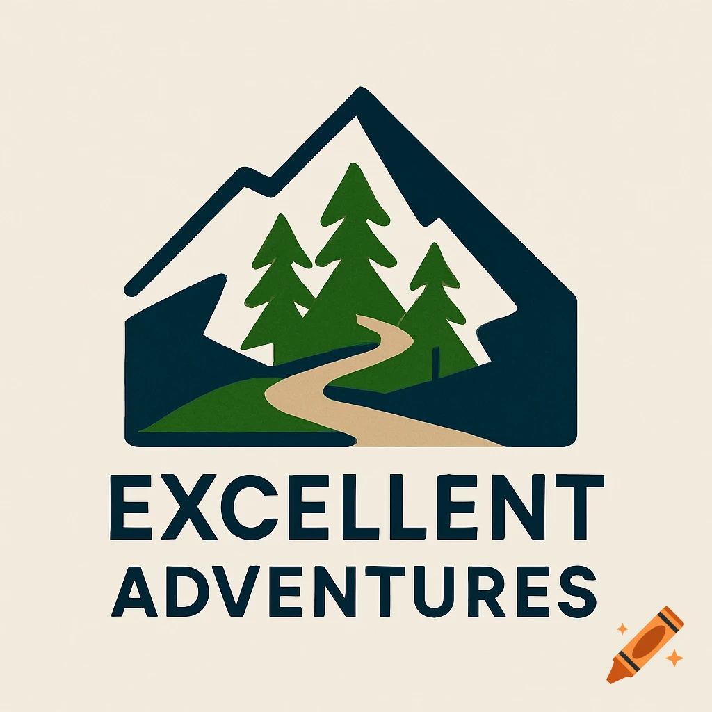 Stylized logo for Excellent Adventures hiking group with mountains, pine trees, and a winding path.