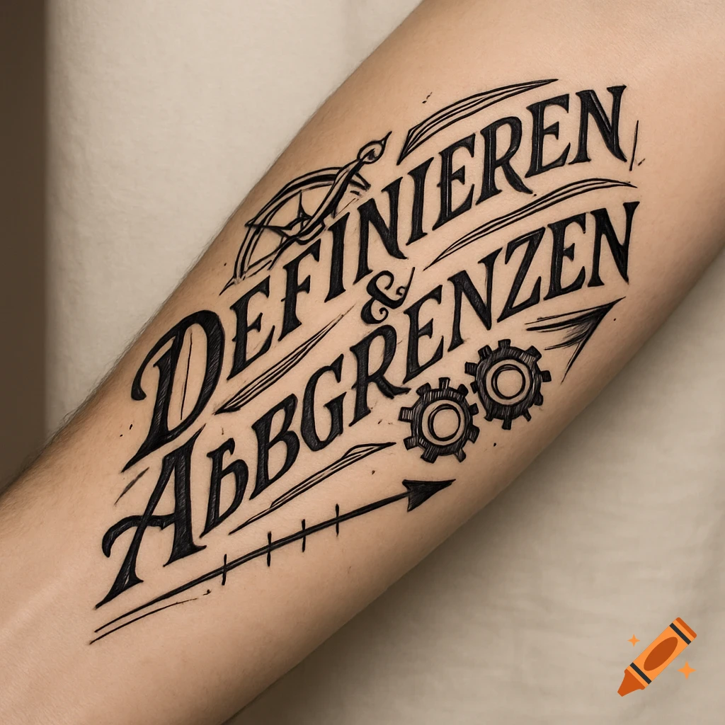 A stylized black tattoo on a person's forearm reads 'DEFINIEREN & ABGRENZEN', framed by gears, an arrow, and decorative lines.
