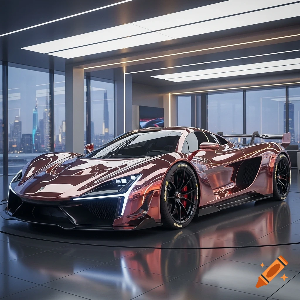 A sleek, chrome-plated futuristic sports car in a modern showroom with city skyline views.