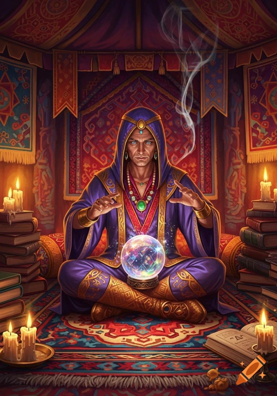 A robed fortune teller sits cross-legged in a vibrant, patterned tent, looking intently at a glowing crystal ball between their hands. Candles and books surround them.