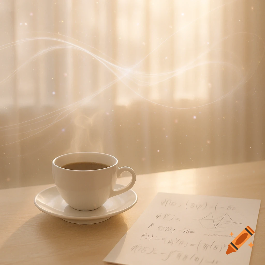 Steaming coffee cup and scientific notes on a wooden table, bathed in soft golden morning light with subtle glowing effects.