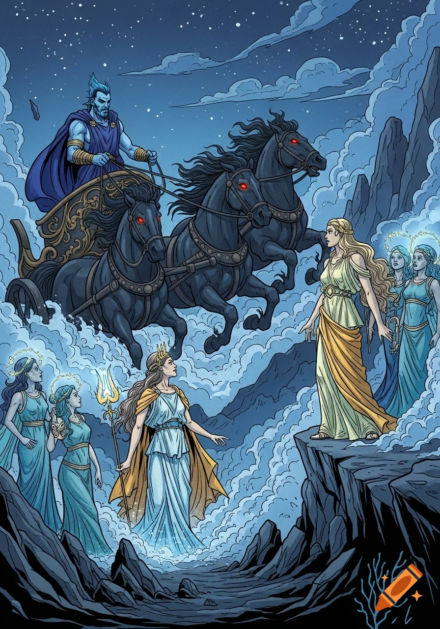Hades descends in his chariot with dark horses, approaching Persephone on a cliff as Oceanids watch in a graphic novel style.
