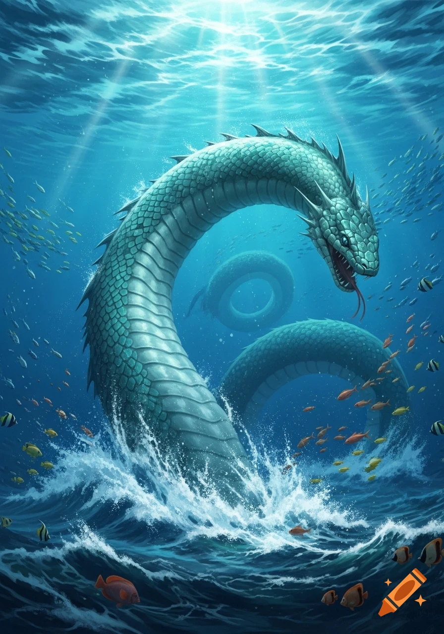 A huge teal sea serpent emerges from choppy ocean waves, its body curving into the deep blue water where sunrays filter down onto schools of fish.