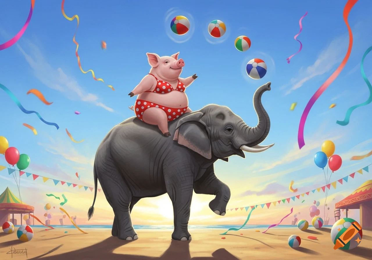 A cartoon pig in a red bikini rides an elephant on a sunny beach as the elephant juggles beach balls. Confetti and circus tents in background.