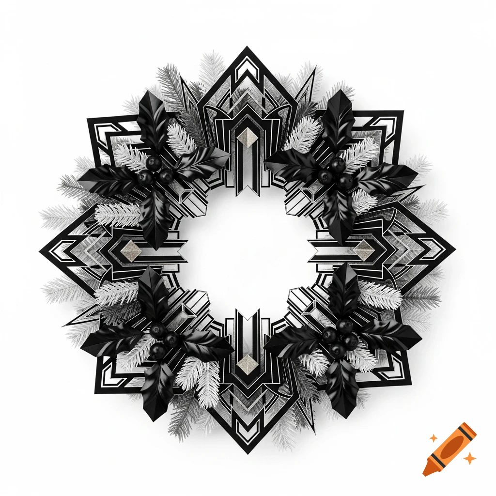 A stylized black and white Art Deco Christmas wreath featuring geometric patterns, holly leaves, berries, and fir branches on a white background.