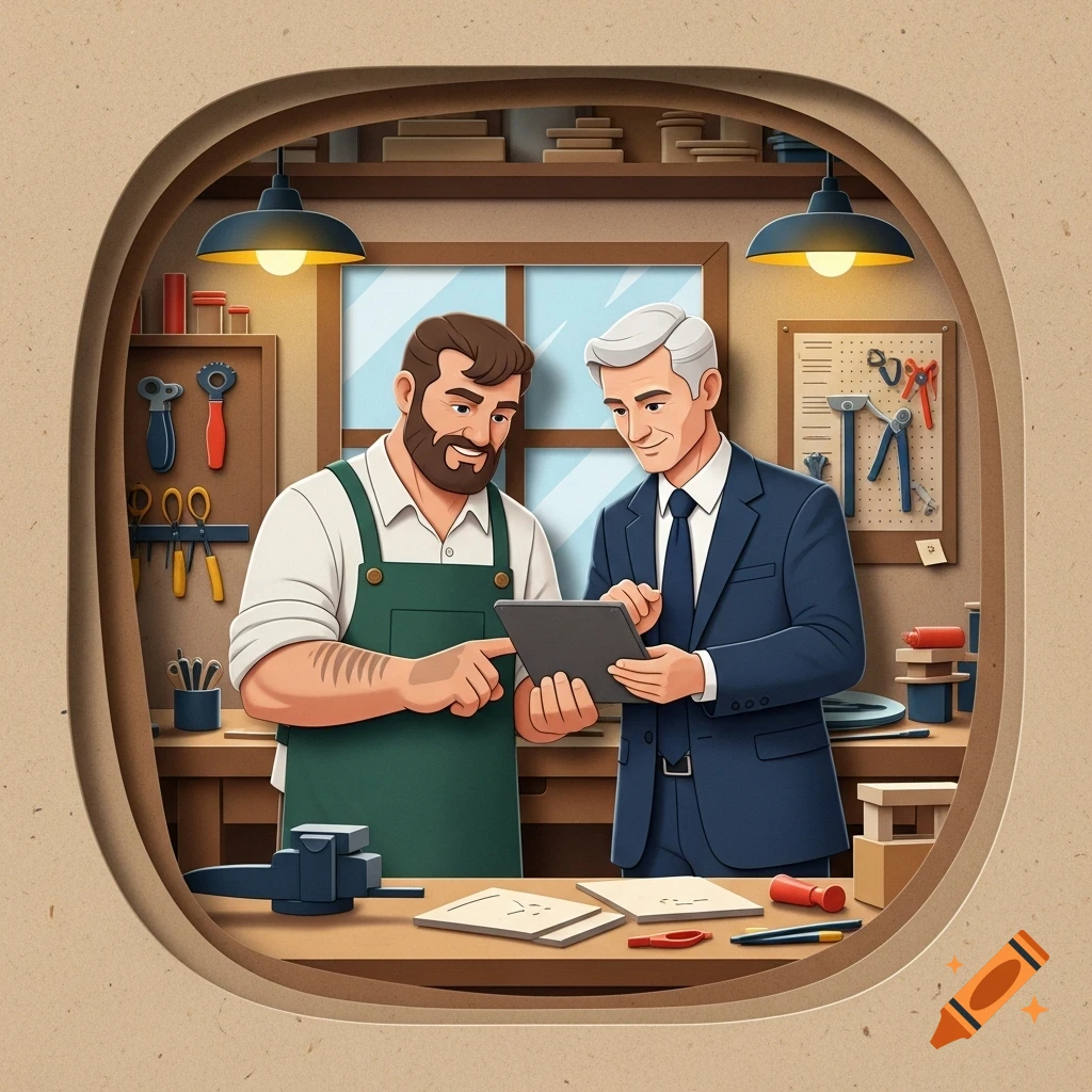 Two men, a bearded craftsman in an apron and a suited advisor, discuss a tablet in a paper cut-out style workshop with tools and kraft textures.
