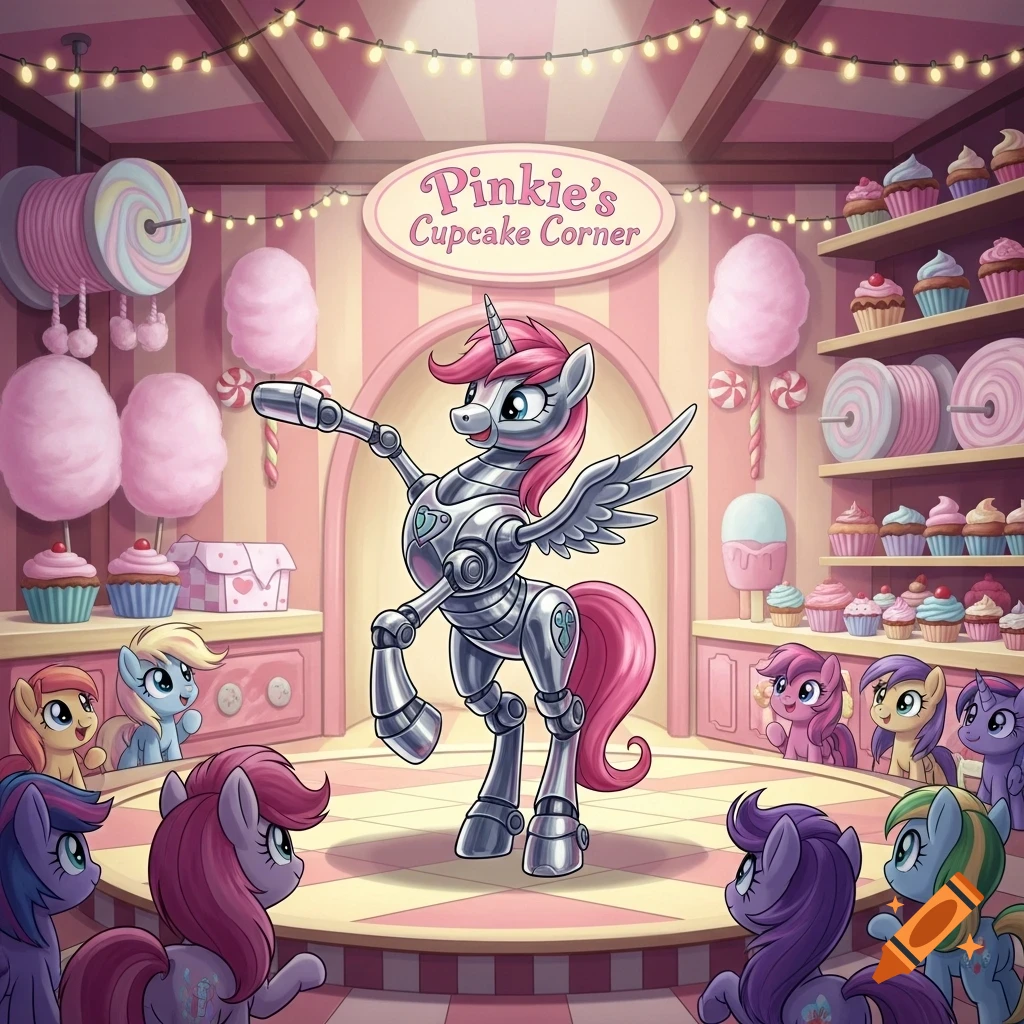 A cartoon robot pony with pink mane and wings performs on a stage in a candy shop, watched by other ponies.