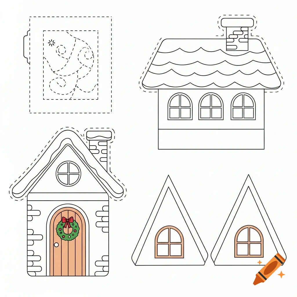Outline drawings of simplified Christmas house pieces for cutting and coloring, featuring a front, roof, and side panels with a wreath and windows.