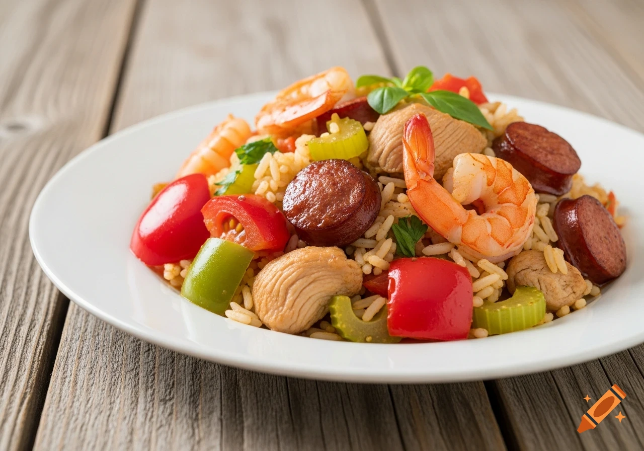 Hyperrealistic Creole jambalaya with shrimp, chicken, sausage, rice, and vegetables on a white plate, on a rustic wooden table.